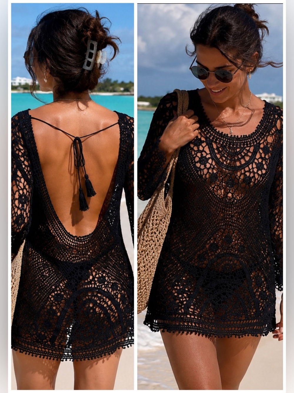 Reveriee backless swim cover tunic dress crochet lace, black, size M/L